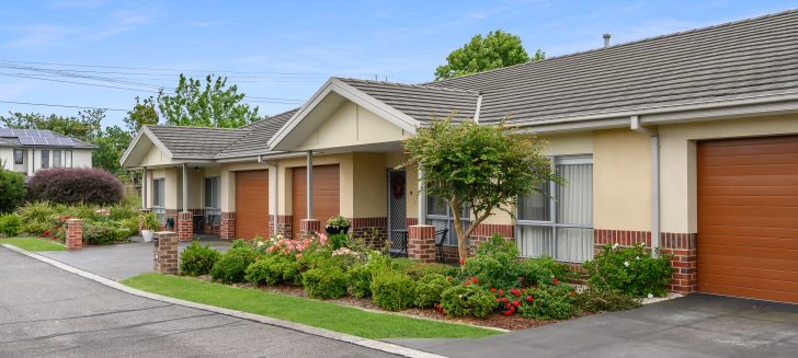 Angled view of red brick and cream coloured homes with grey roofs, bushes and a small tree grows in the front garden