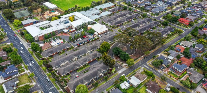 Overhead view of houses and streets