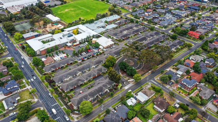 Overhead view of houses and streets