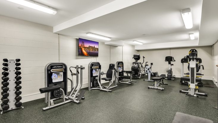 Gymnasium with grey non slip flooring, 7 workout machines can be seen lined up near the white walls