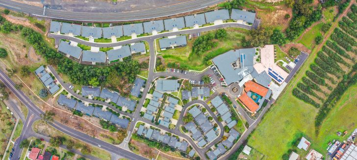 Overhead view of houses and roads