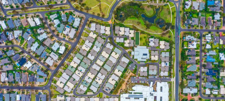 Overhead view of houses and roads