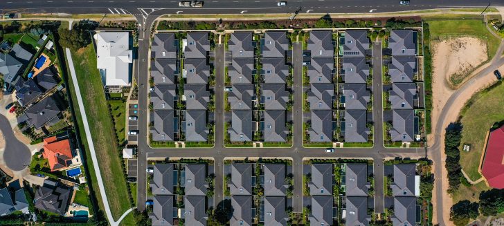 Overhead view of houses and roads