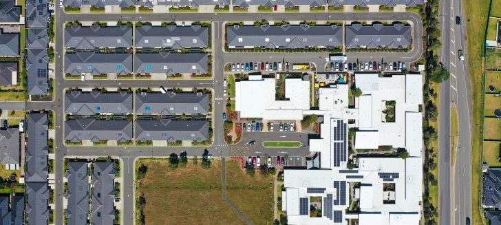 Overhead view of houses and roads