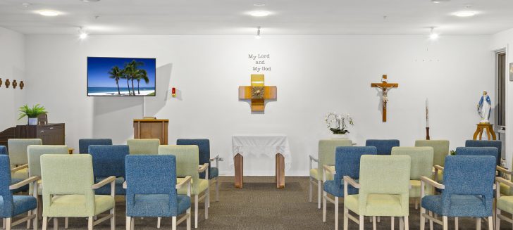 St Bernadette's Aged Care Sunshine North chapel with rows of comfortable chairs