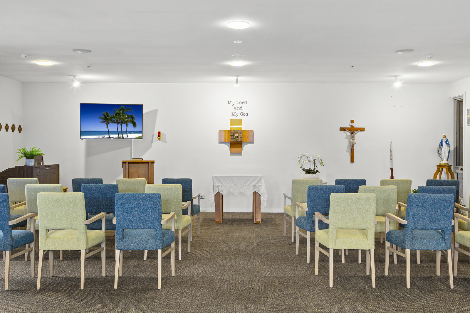 Chapel with rows of comfortable chairs