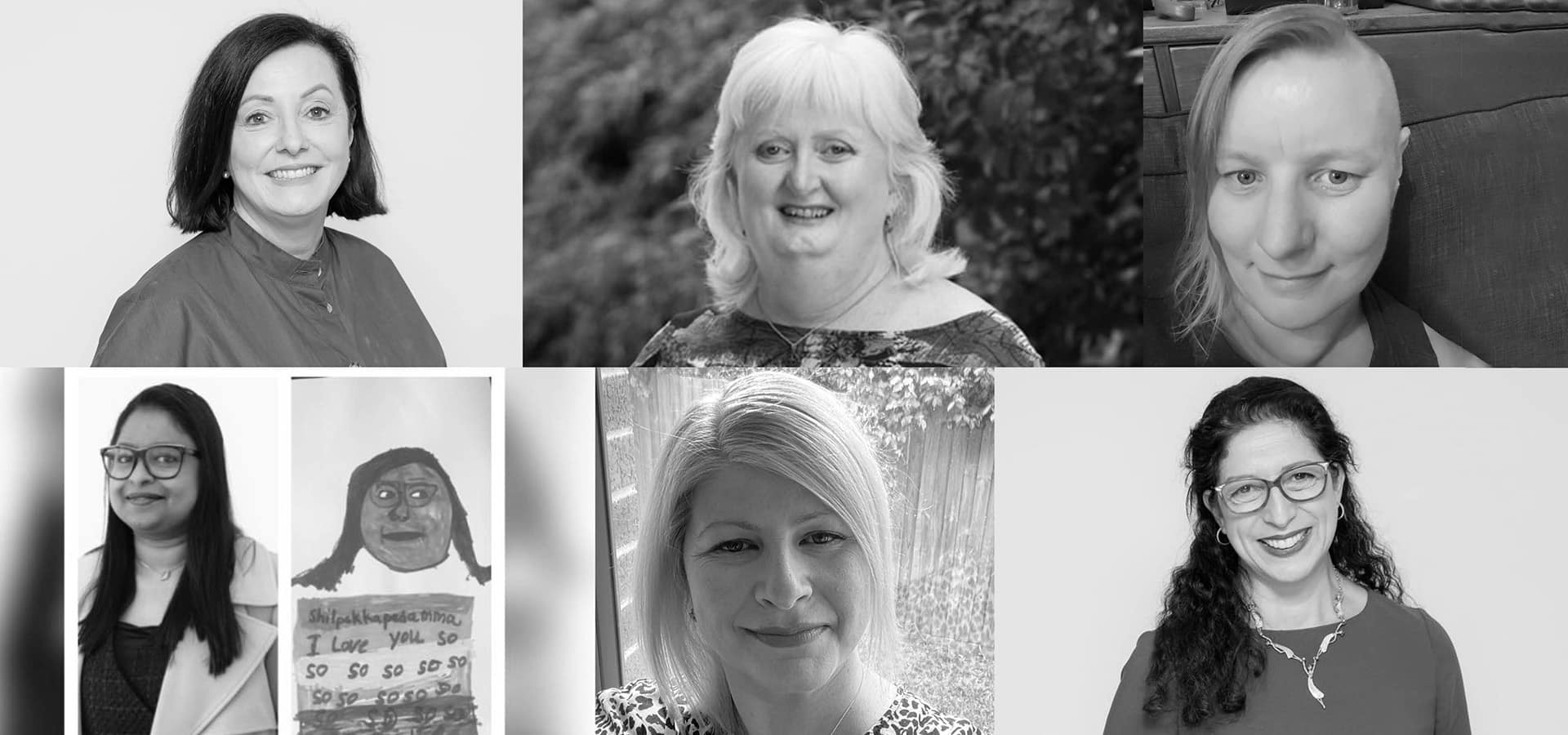 A collage of six black and white photos of women smiling at the camera