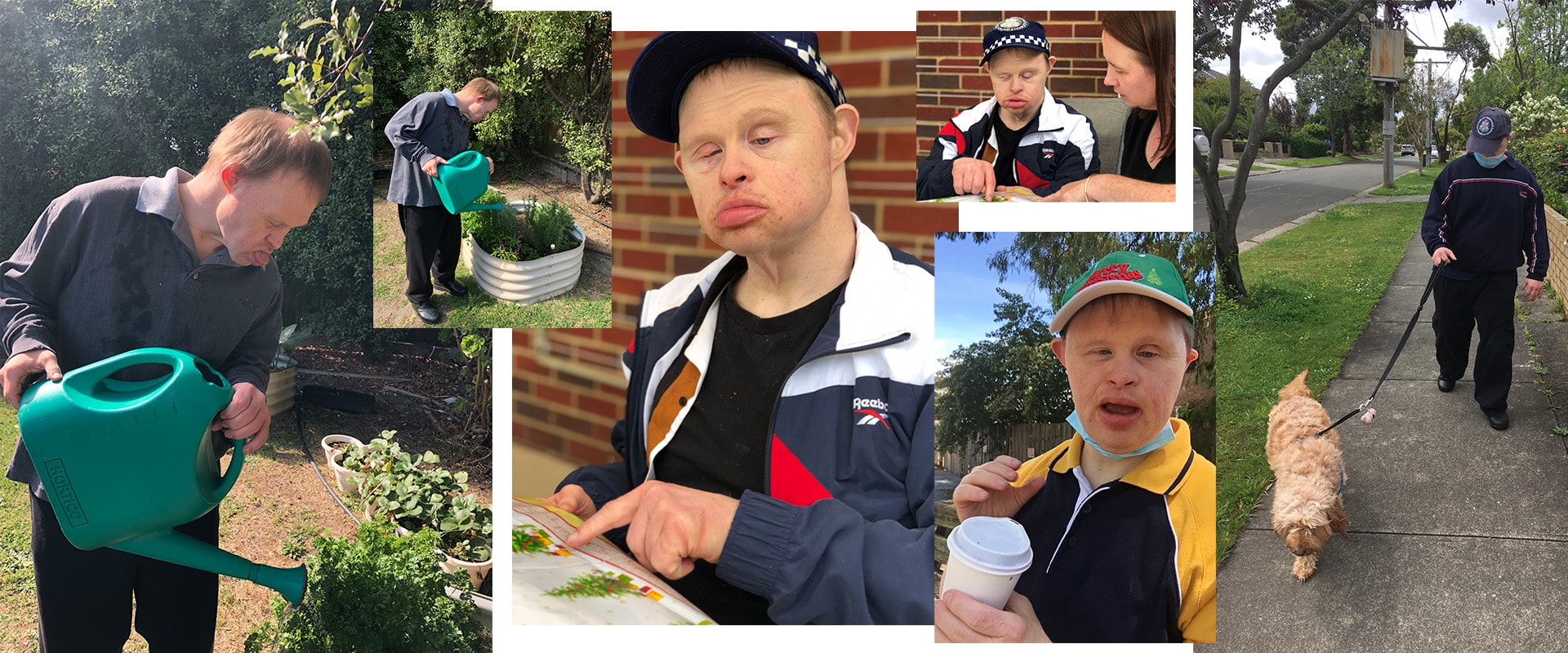 A collage of a man participating in activities such as gardening, reading and walking the dog.