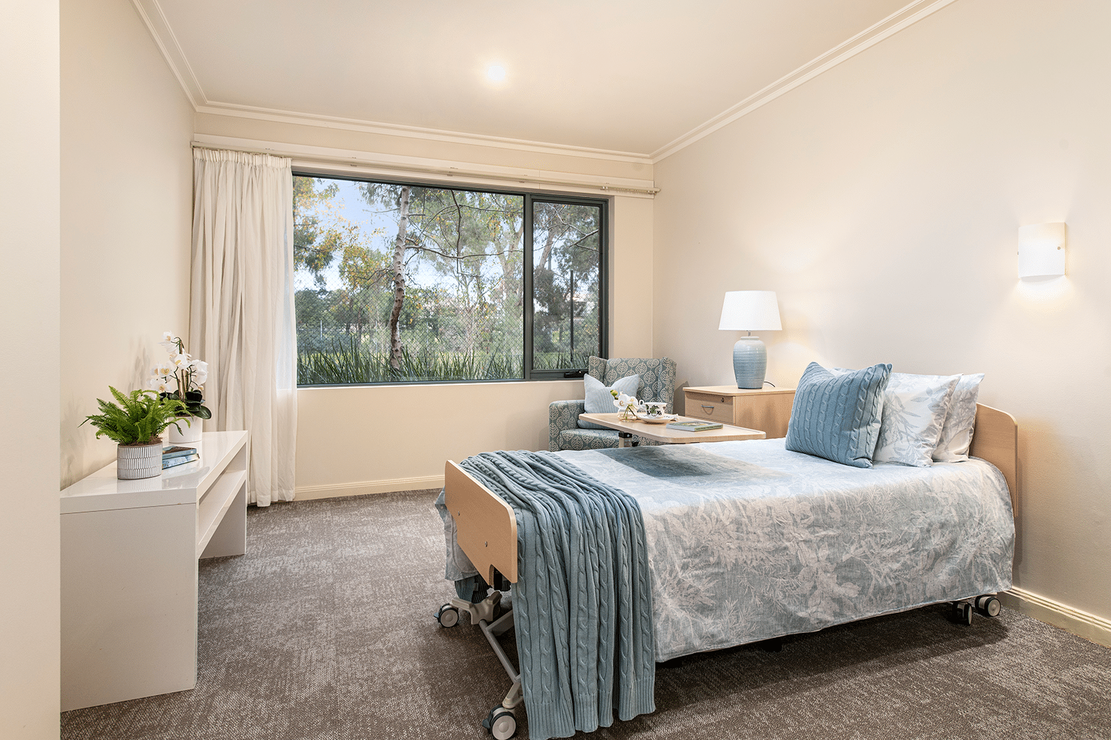 Residents room with tree filled window view