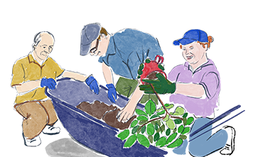 Three people gardening