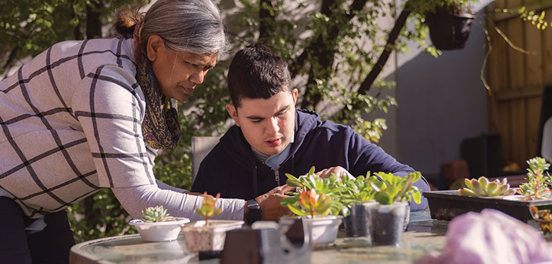 A boy and his carer tending to plants