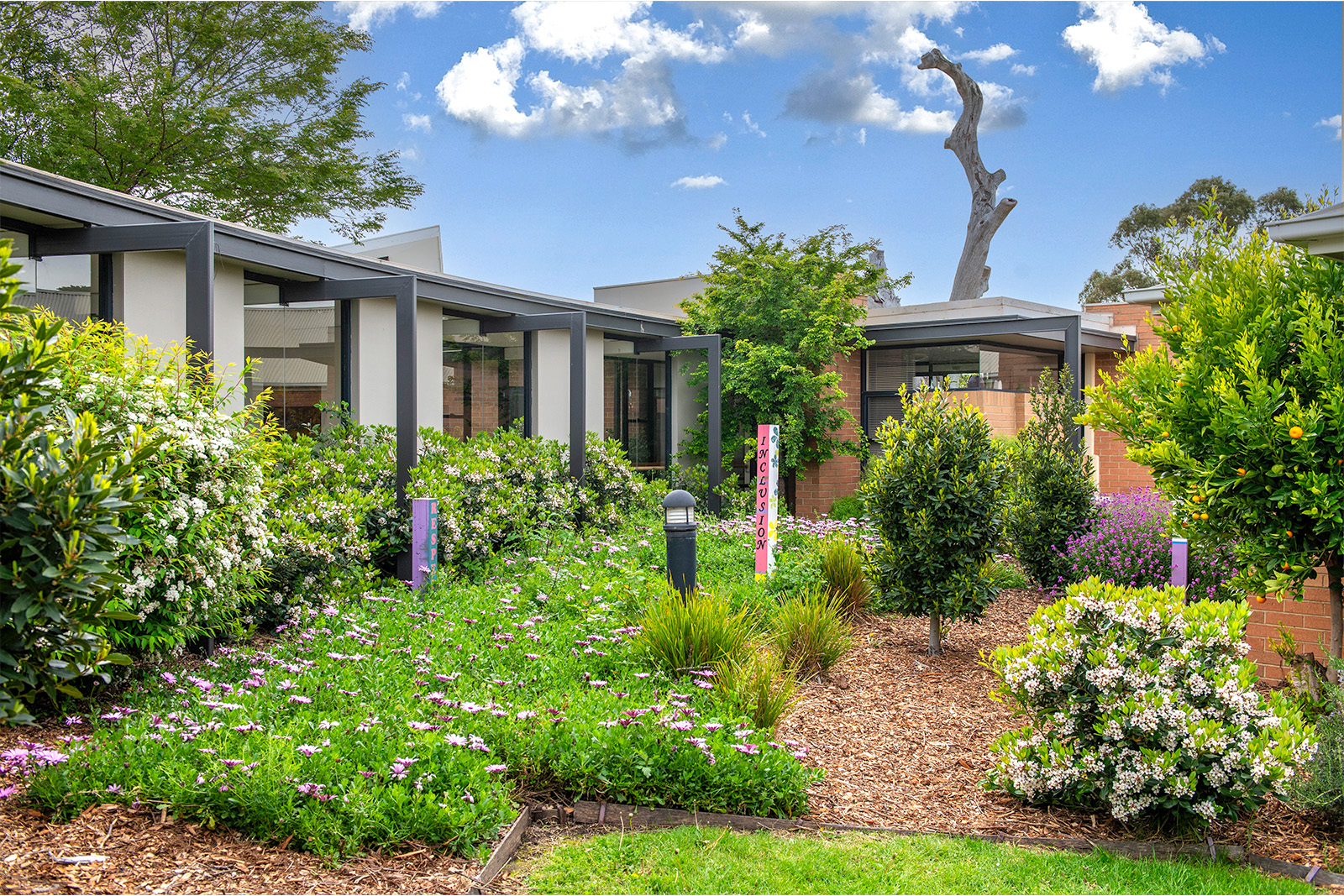 A garden with small bushes surrounding the exterior of a building.