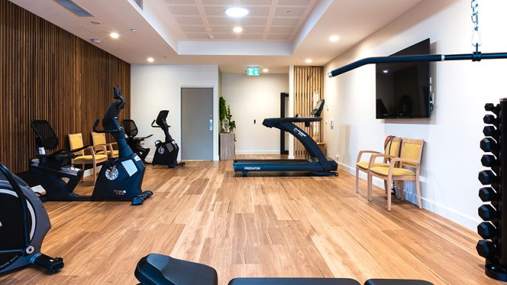 A gym room filled with black gym equipment.