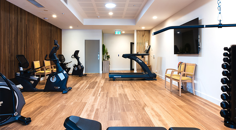 A gym room filled with black gym equipment.