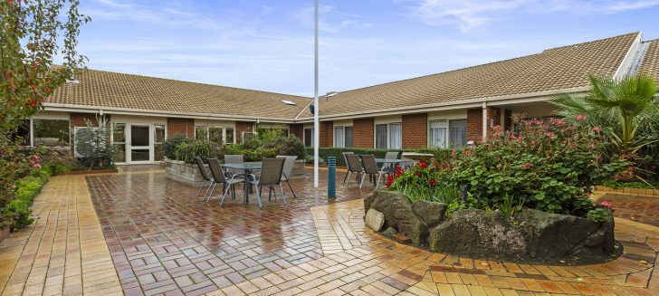 St Bernadette's Aged Care courtyard with outdoor furniture arranged.