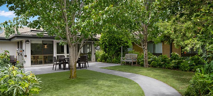 A paved path surrounded by grass and trees, going towards a patio area by a building.