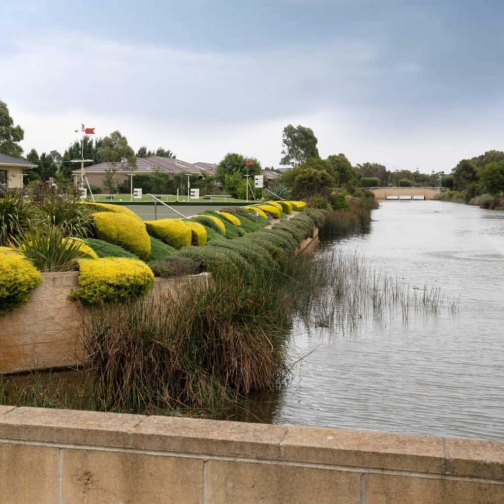 Houses adjoining a lake