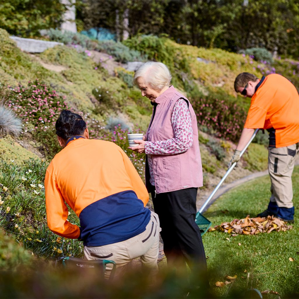 An older woman offering two gardeners a cup of tea.