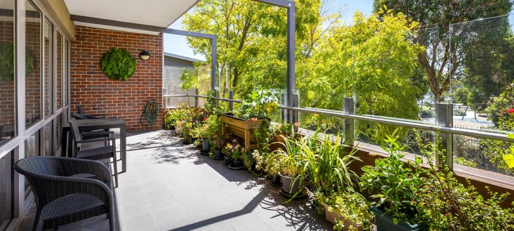 A bright balcony with lots of pot plants and a view of trees at Corpus Christi Clayton Aged Care.