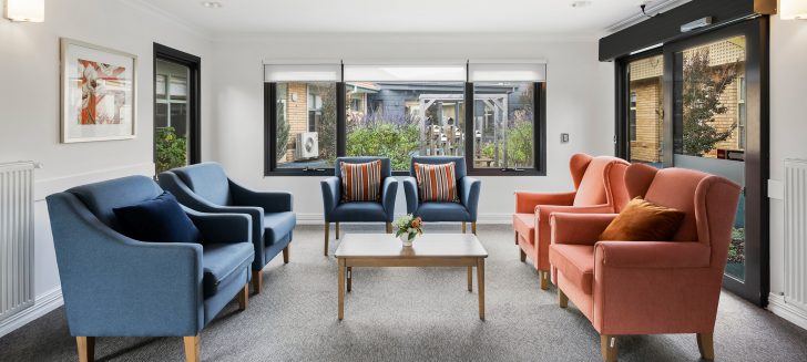 A living room with blue and red arm chairs.